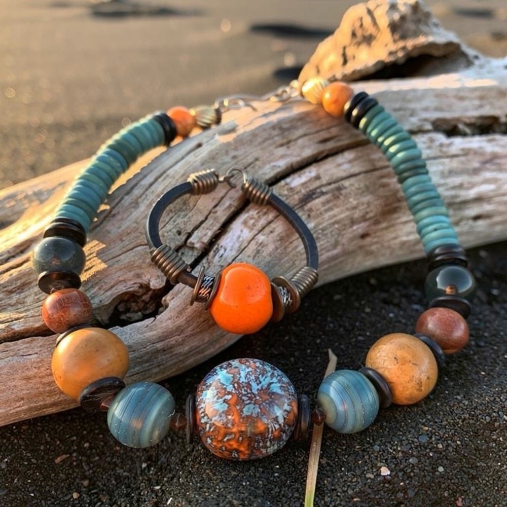 Colorful Vintage Jewelry Set - Bold Necklace and Bracelet - Picture 1 of 12
